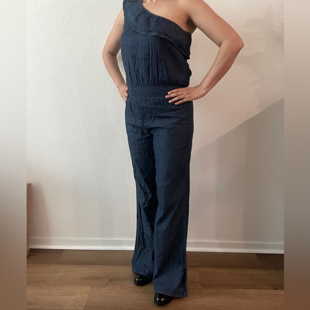 NWT HWY Jeans 100% cotton chambray dark blue one shoulder wide leg jumpsuit sz M